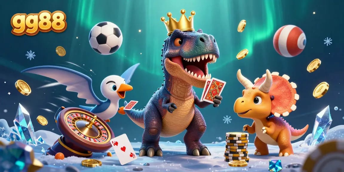 Join gg88 for an exciting casino experience as animated dinosaurs shuffle cards and stack chips.