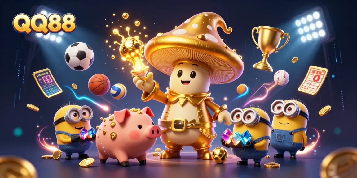 Experience the magic of QQ88 with a wizard turning elements to gold amidst vibrant sports action.