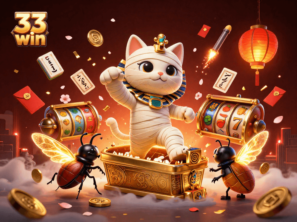 33 win illuminates an exciting casino scene with a mummy cat and vibrant gambling elements.