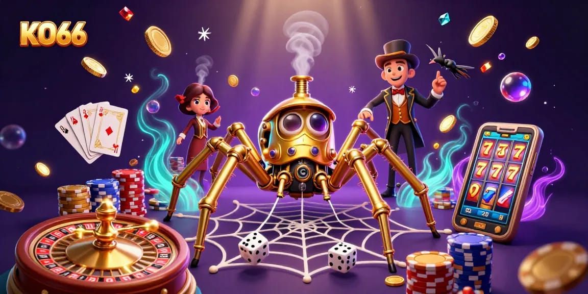 Engage with stunning KO66 gaming action showcasing lucky reels, coins, and a steampunk spider web.