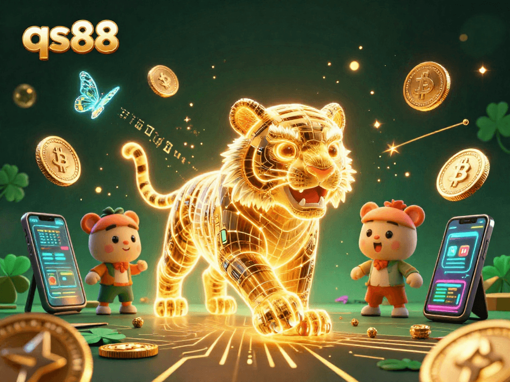 Engage in the vibrant qs88 casino experience with a golden tiger and holographic butterflies.
