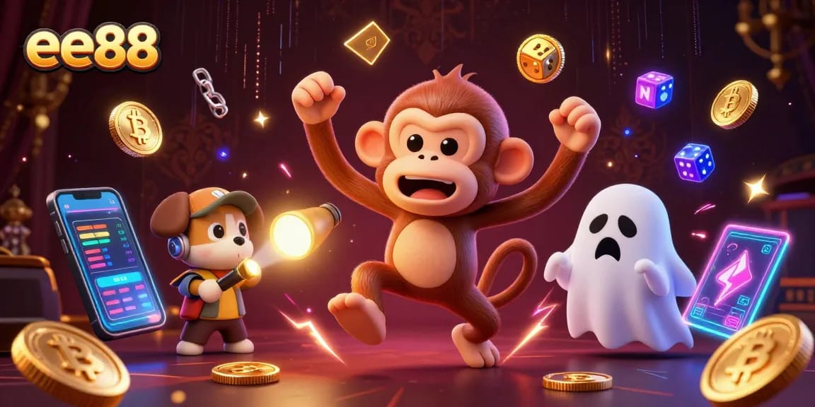 Engage with ee88's captivating 3D casino scene featuring a playful ghost and golden treasures.