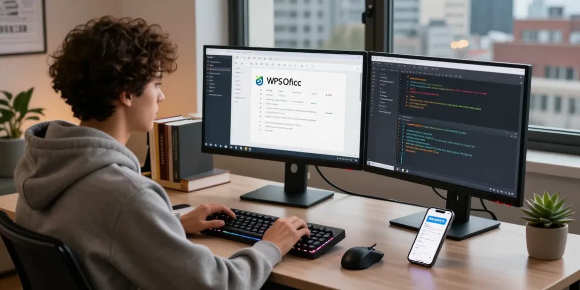 WPS Download showcased in a vibrant software workspace with dual monitors, coding tools, and a focused developer.