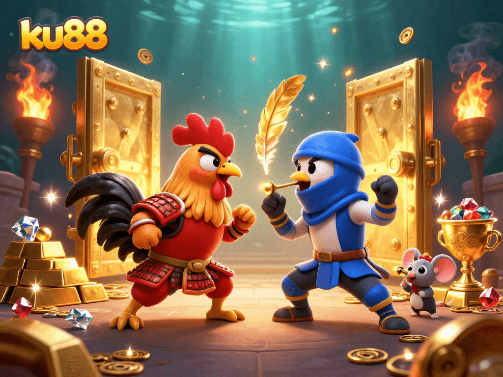 ku88 engaging in an epic rooster battle, showcasing vibrant colors and dynamic elements of exciting online gambling.