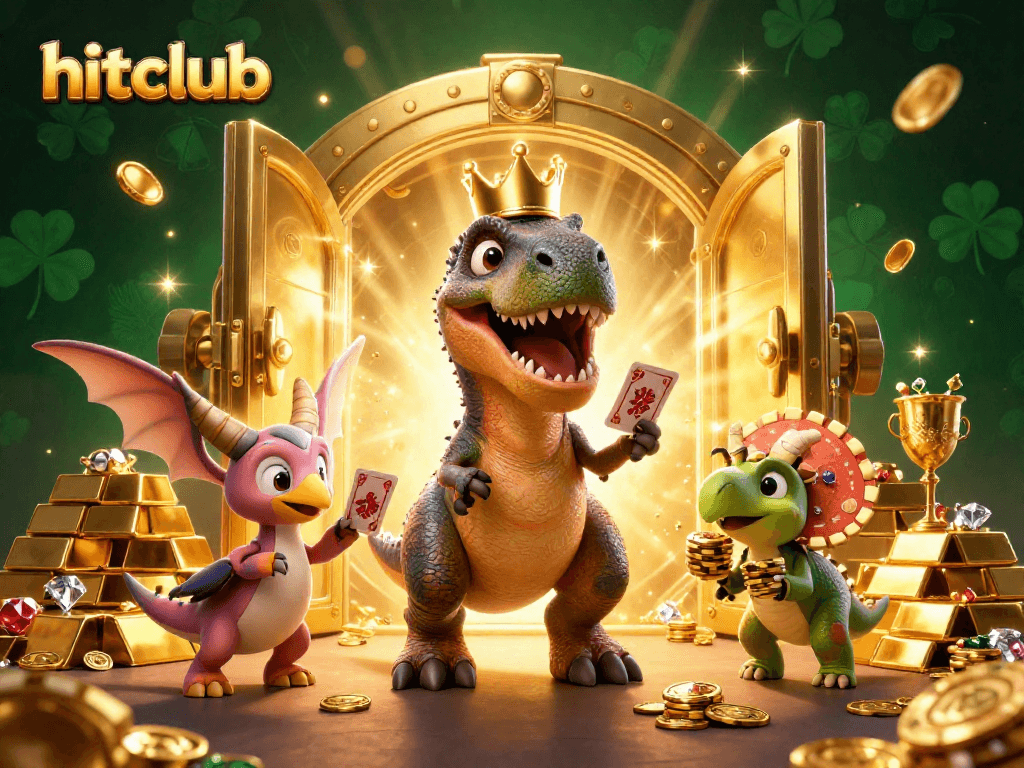 Engage with hitclub's fun casino scene featuring a T-Rex shuffling cards and a baby triceratops stacking chips.
