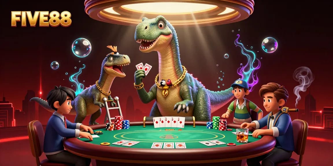 Engage in the vibrant world of FIVE88 with a dynamic casino scene featuring a giant brontosaurus and clever raptor.