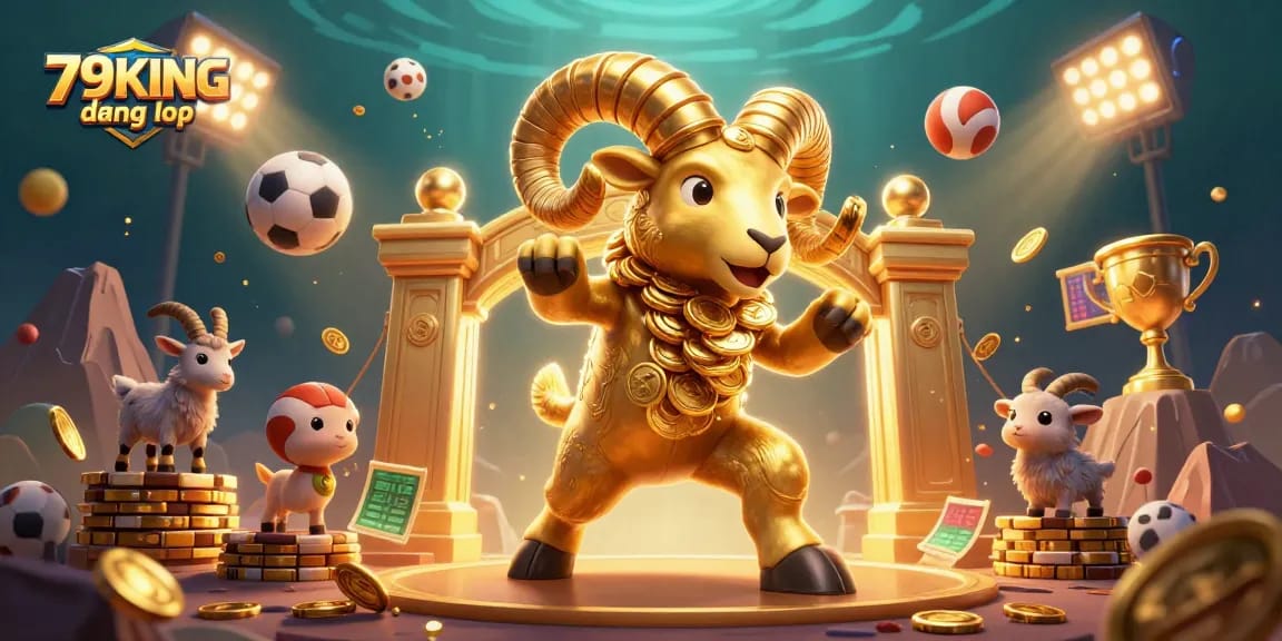 79KING đăng nhập scene with a golden ram charging through casino elements, emphasizing exciting online gambling.