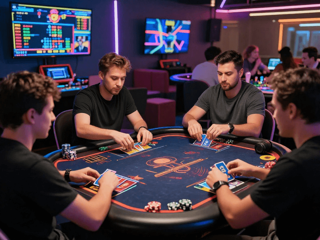 Exciting crypto casino atmosphere with players engaged in digital gaming at lively tables, showcasing modern gambling experience.