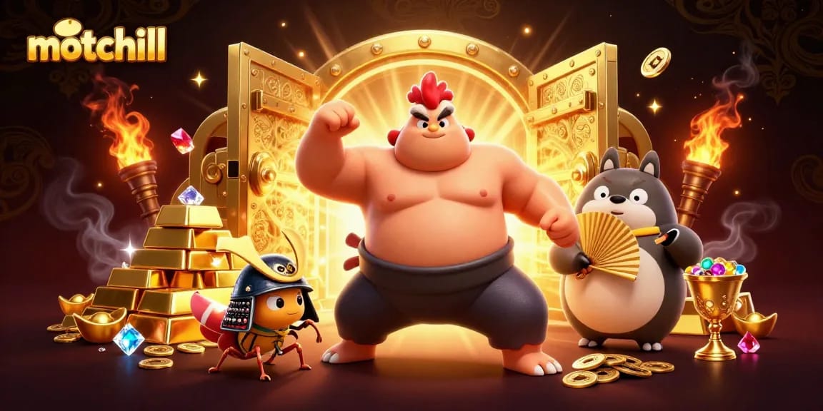 Experience thrilling motchill moments with vibrant 3D casino scene of a sumo rooster, fighting cricket, and announcer.
