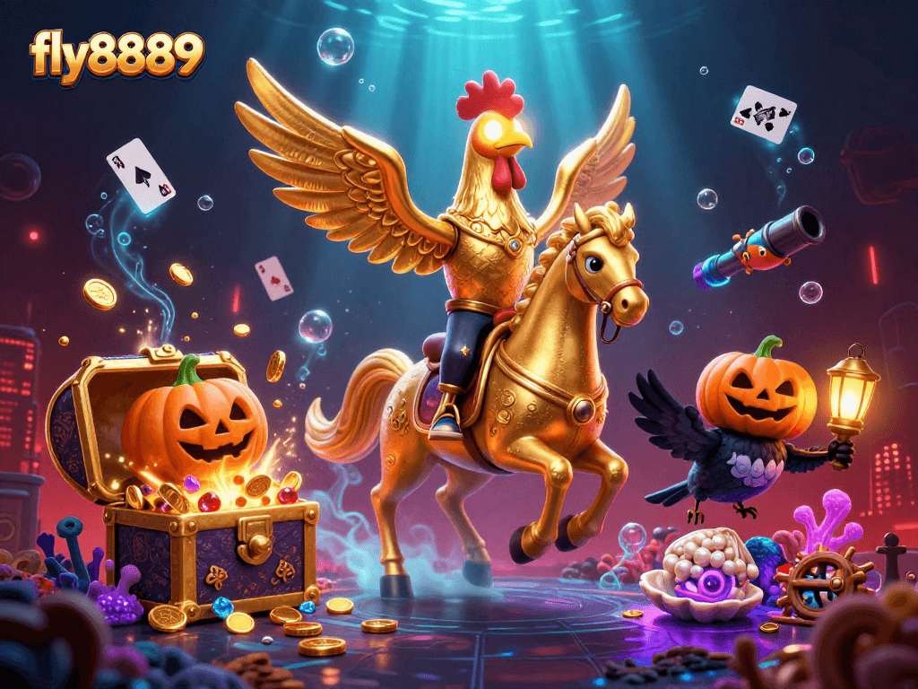 Experience the thrill of gaming with fly8889 in a dynamic casino scene featuring a golden rooster and treasures.