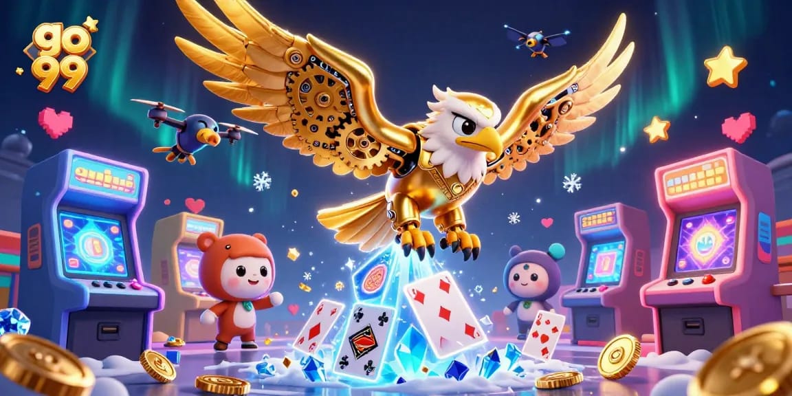 Experience the thrilling dive of a golden eagle amidst holographic cards in the go 99 casino.