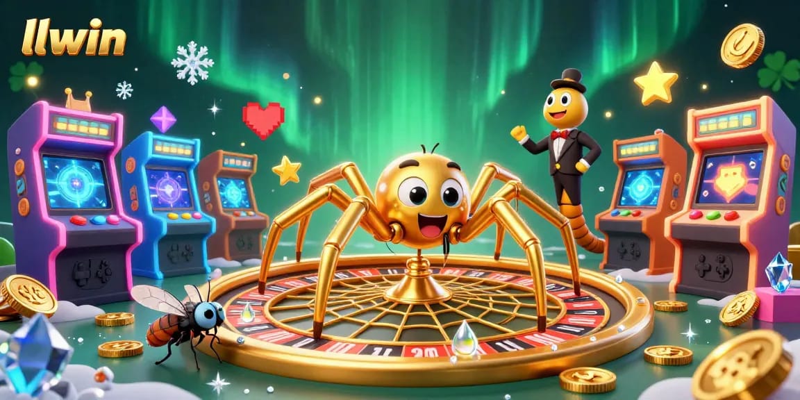 Engage in thrilling gameplay at llwin with a 3D casino illustration featuring a spider and centipede croupier in an electrifying scene.