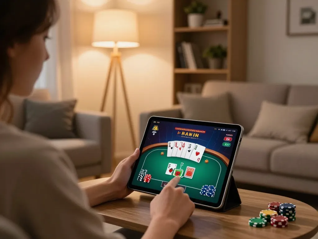 Players engaging in strategy at 23win com online casino on tablets, showcasing immersive poker gameplay.
