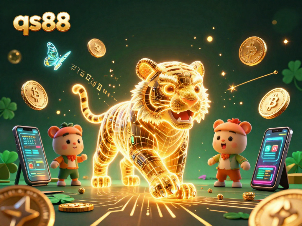 Engage in the vibrant qs88 casino experience with a golden tiger and holographic butterflies.