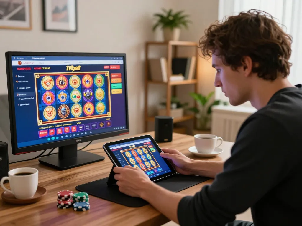 Engaged player using 11bet tablet for online casino gaming, vibrant slot games displayed