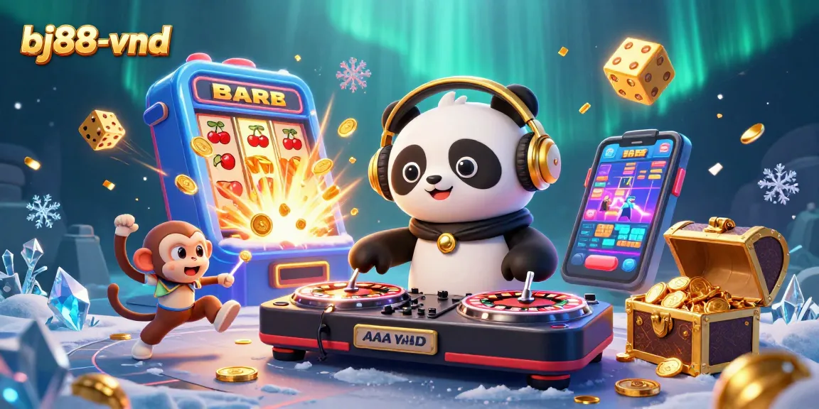 Experience excitement at bj88-vnd with a lively 3D illustration of a DJ panda and gaming characters.