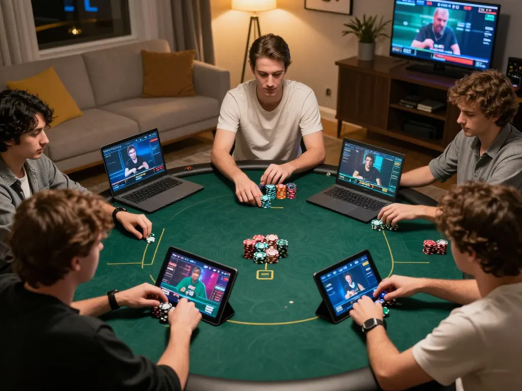 Players engaging in intense online poker gameplay at xx88bet, utilizing laptops and tablets for strategic betting.