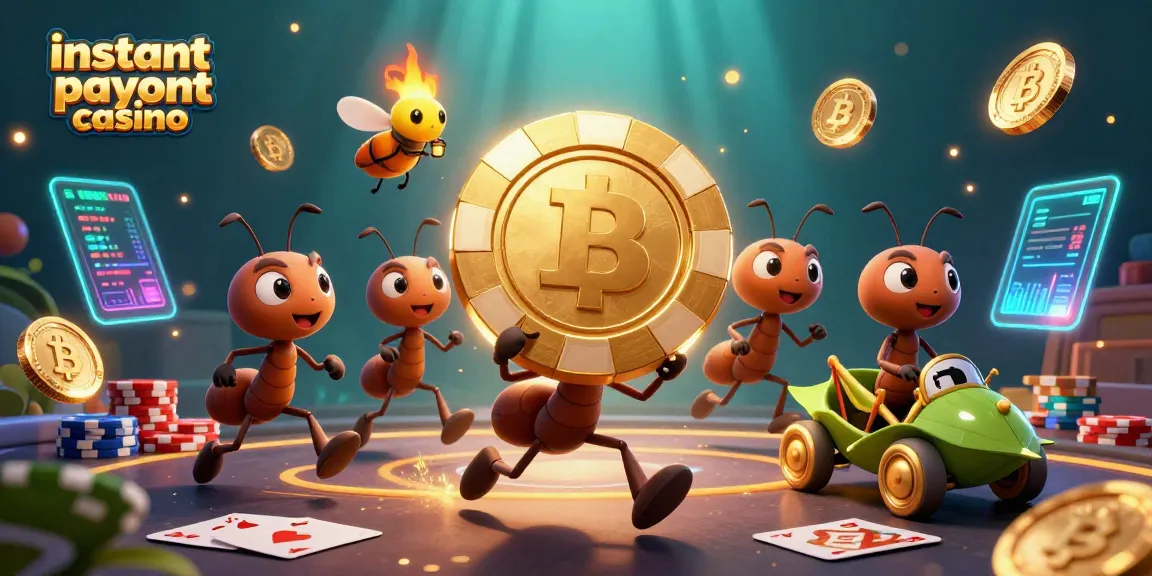 Experience the thrill of an instant payout casino as ants race with giant chips amid glowing crypto elements.