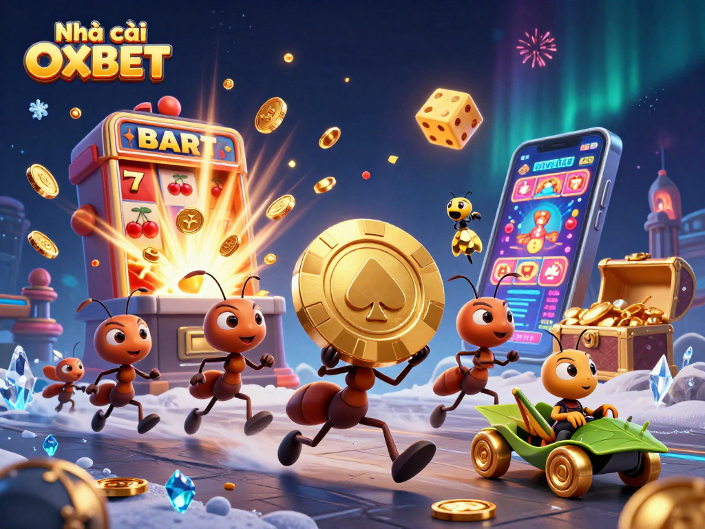 Experience the thrill with Nhà cái OXBET, featuring a cartoon heist scene with ants and a jackpot explosion.