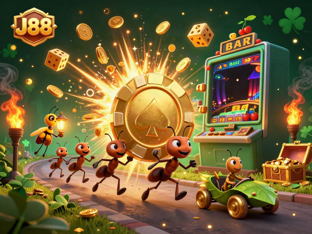 Engaging illustration of J88 featuring a team of ants capturing a giant poker chip inside a dynamic casino scene.