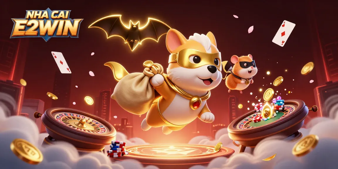NHA CAI E2WIN showcases a superhero dog and hamster among floating poker elements and gold coins, capturing excitement.