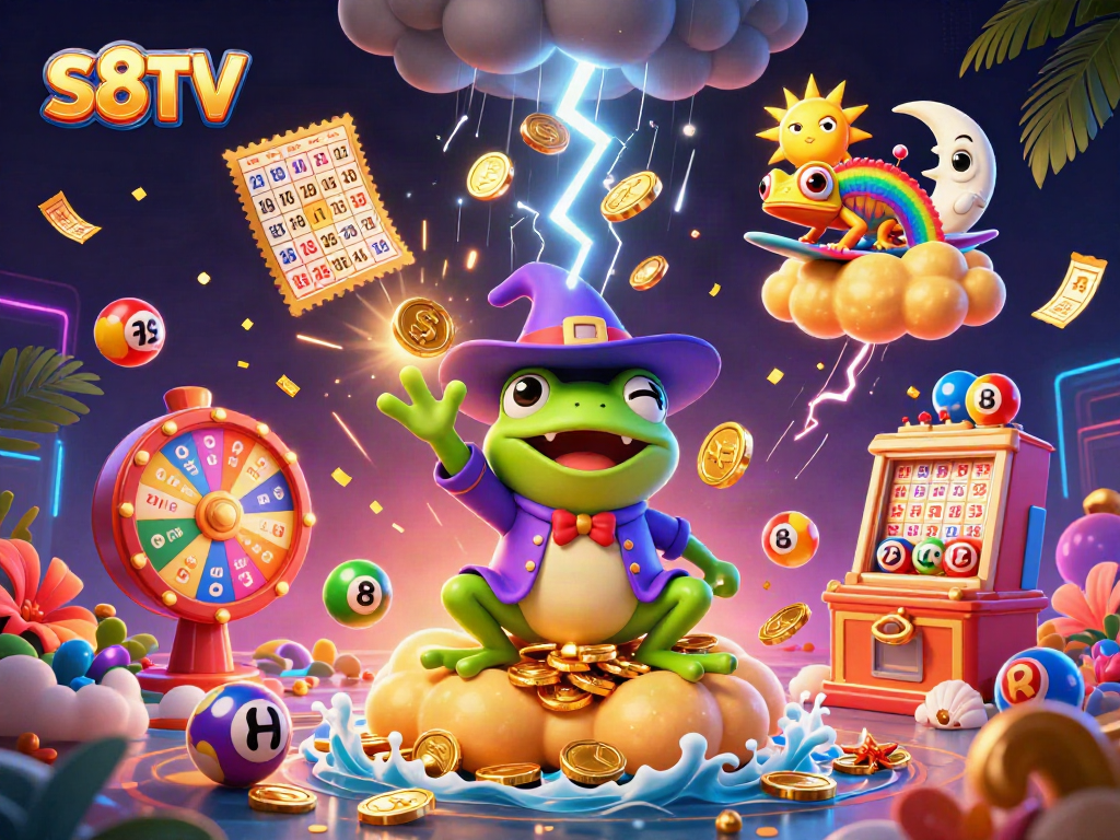S8TV brings excitement with a weather wizard frog and rainbow chameleon amidst golden prizes and vibrant lottery elements.