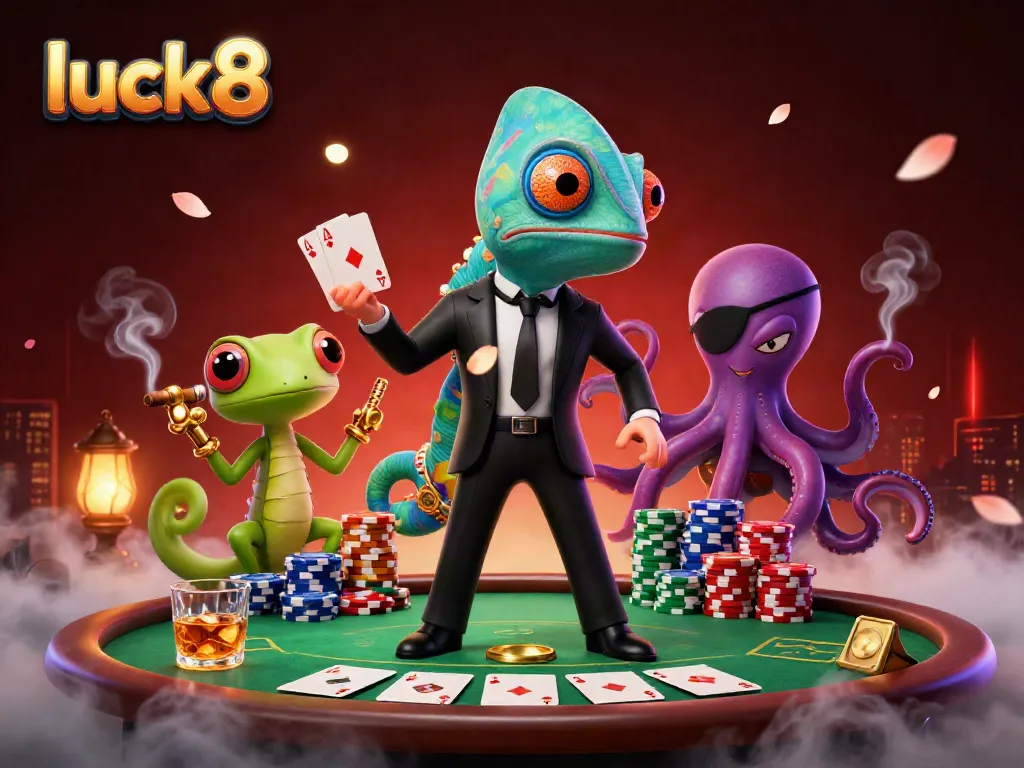 Play high-stakes poker at luck8 with an animated chameleon and adventurous characters amidst poker chips and cards.