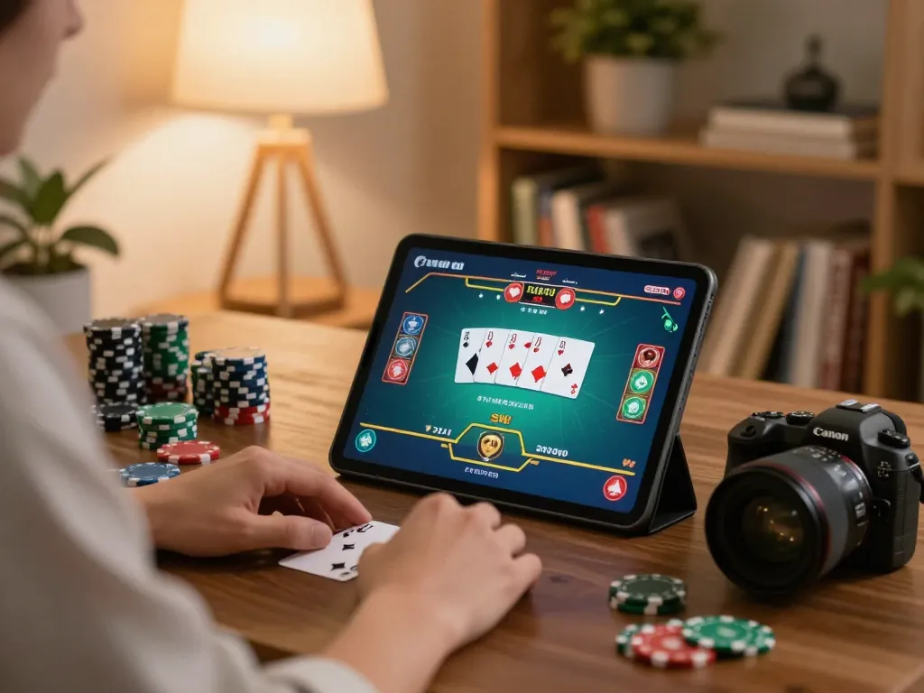 Engaging in a live poker game on https://nk88.moe/ using a tablet in a cozy home setting