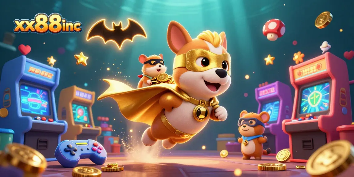 Join the adventure at xx88inc, where a superhero dog flies with gold coins amidst a vibrant casino world.