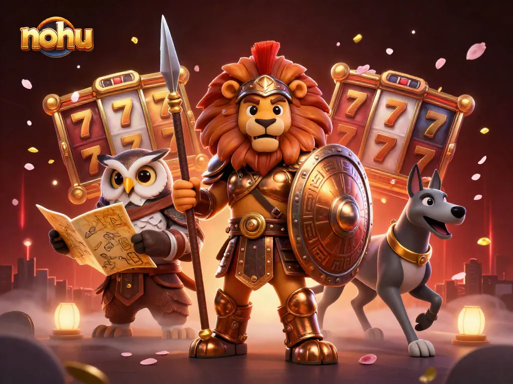 Engaging NOHU gaming scene showcasing a Spartan lion with slot reels and jackpot elements, creating excitement in a vibrant casino atmosphere.