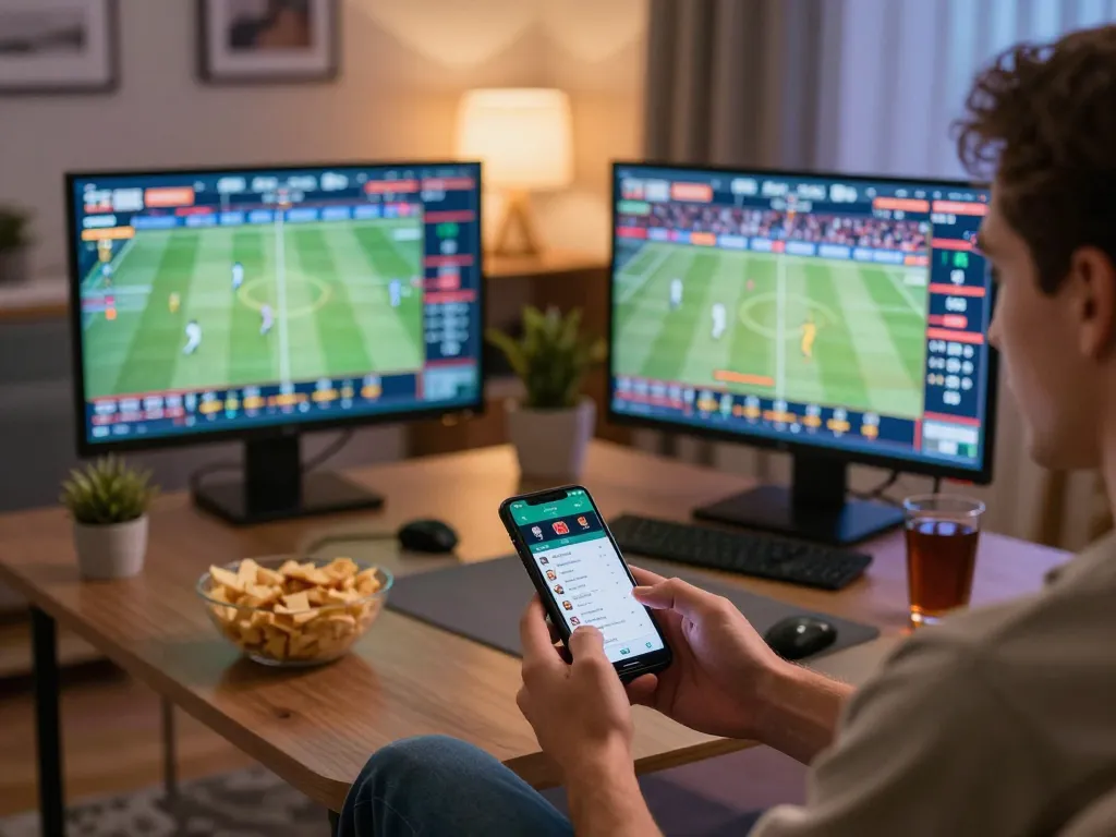 A person engaged in trực tiếp bóng đá while using a sports betting app on their smartphone, surrounded by screens displaying live games.