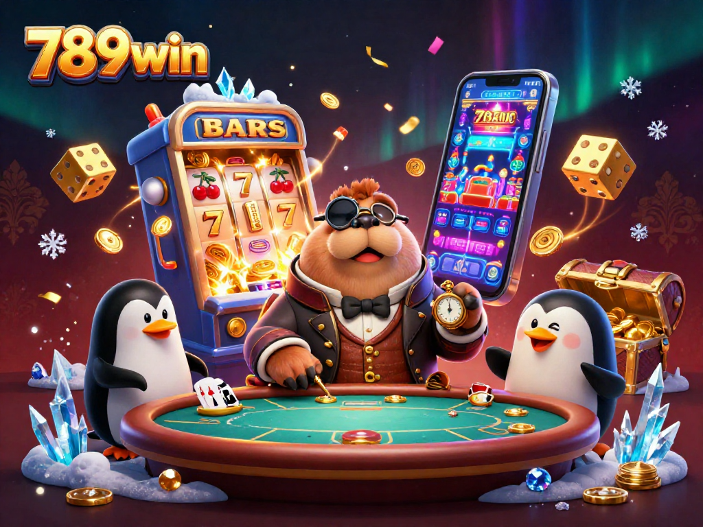 Join the fun at 789win with a jolly walrus playing poker in an exhilarating casino scene.
