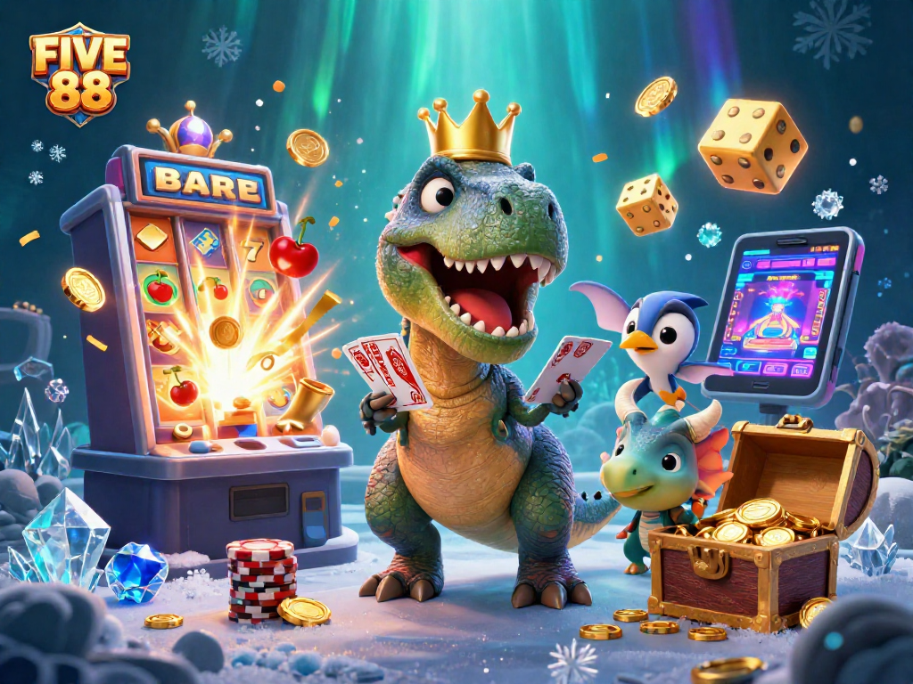 Engage with FIVE 88 in a vibrant 3D casino scene with a T-Rex and friends surrounded by slot machines and dazzling effects.