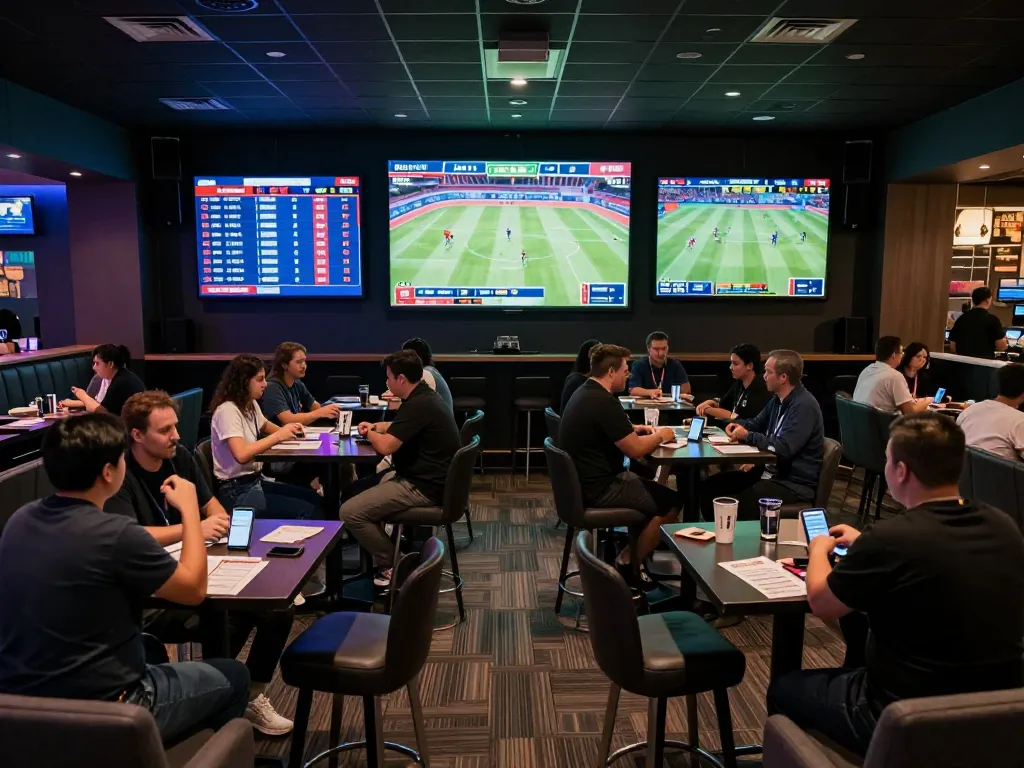 Engaged bettors analyzing kèo nhà cái for an exciting sports event in a modern lounge