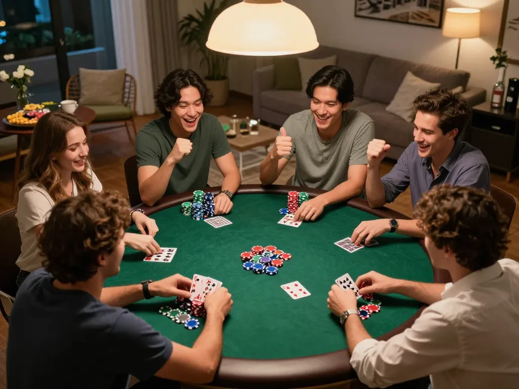 Join friends for an exciting poker night at home featuring LUCK8, cards, chips, and drinks for a thrilling social experience.