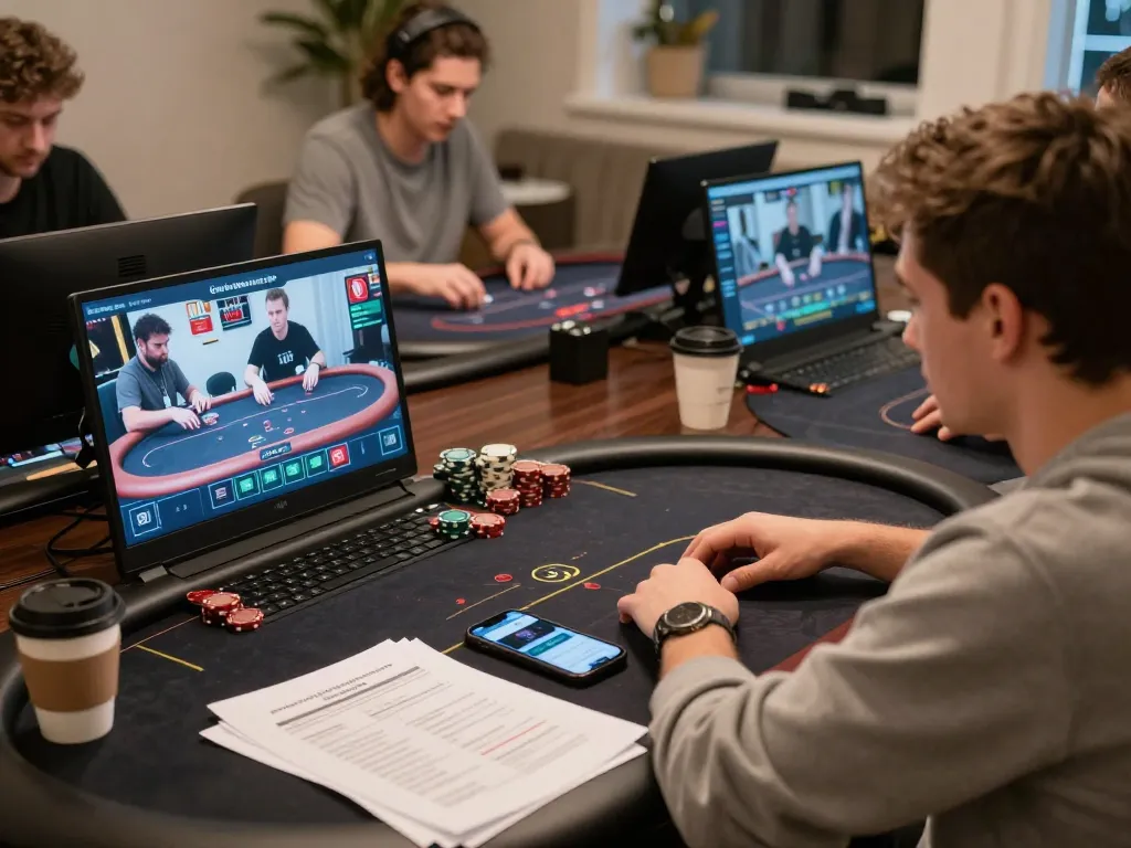 Engaging players in an online poker game using Link 9BET, showcasing laptops and betting strategies.