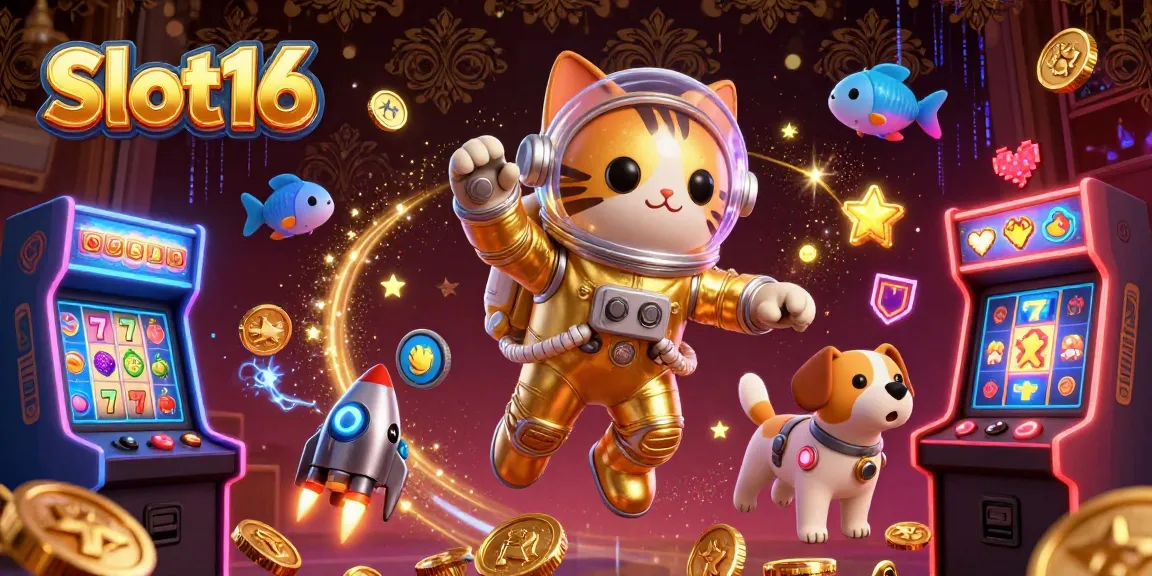 Experience Slot16 with this vibrant 3D illustration showcasing gaming excitement through captivating casino elements.