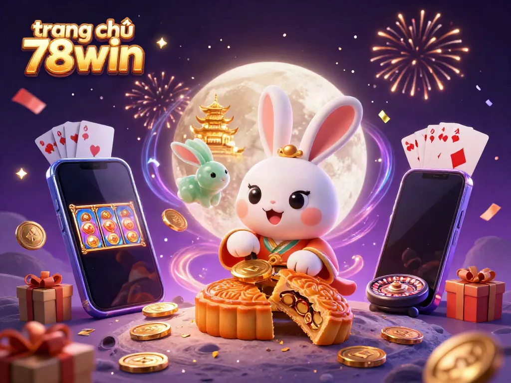 Experience the excitement at trang chủ 78win with vibrant gambling-themed illustration featuring a cartoon moon rabbit and casino elements.