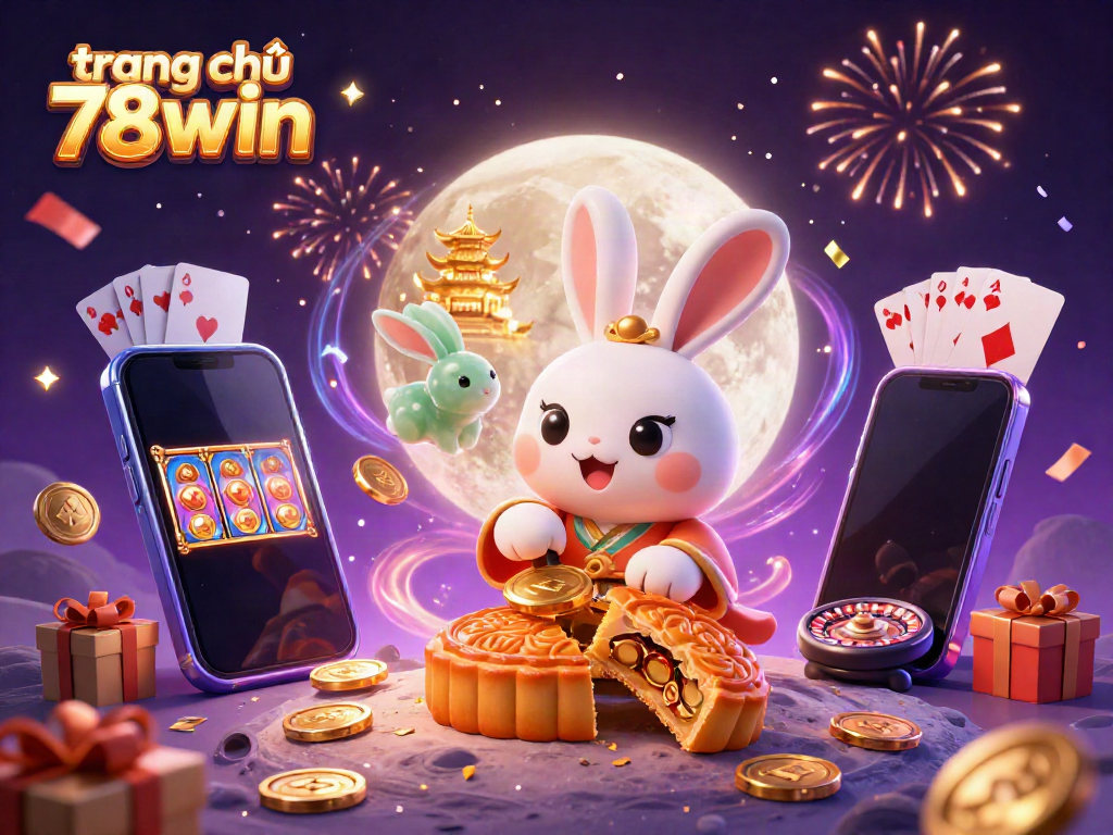 Experience the excitement at trang chủ 78win with vibrant gambling-themed illustration featuring a cartoon moon rabbit and casino elements.