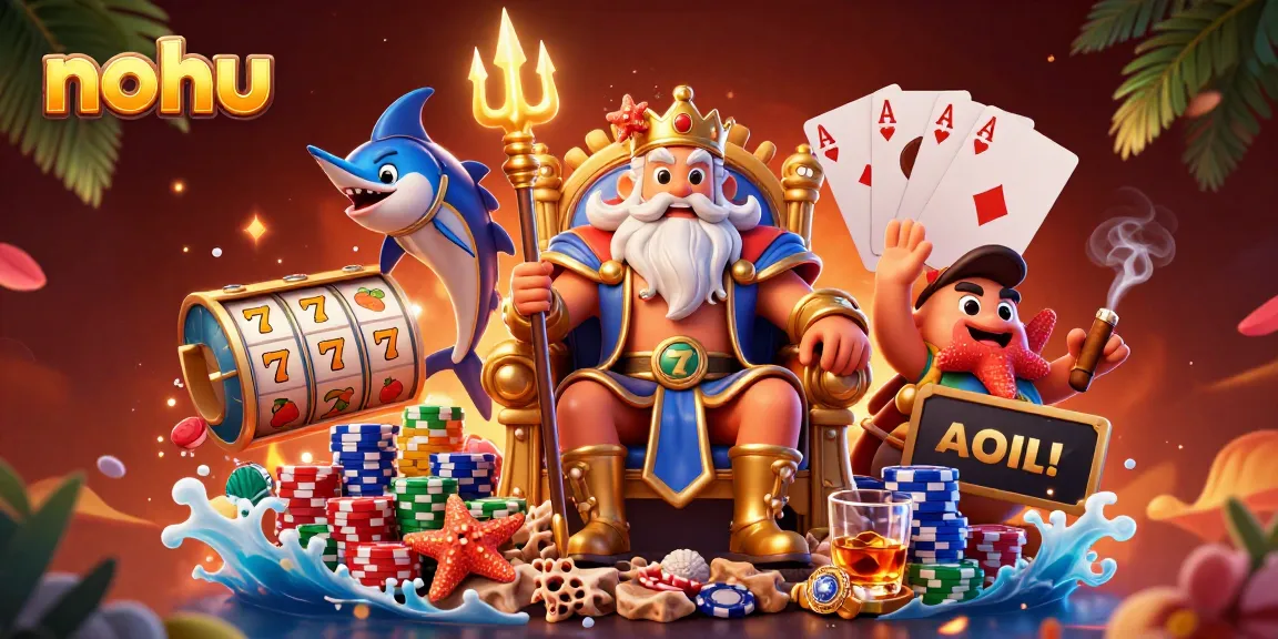 Lively scene of nohu gaming excitement with sea king Neptune, samurai, and vibrant slot reels.