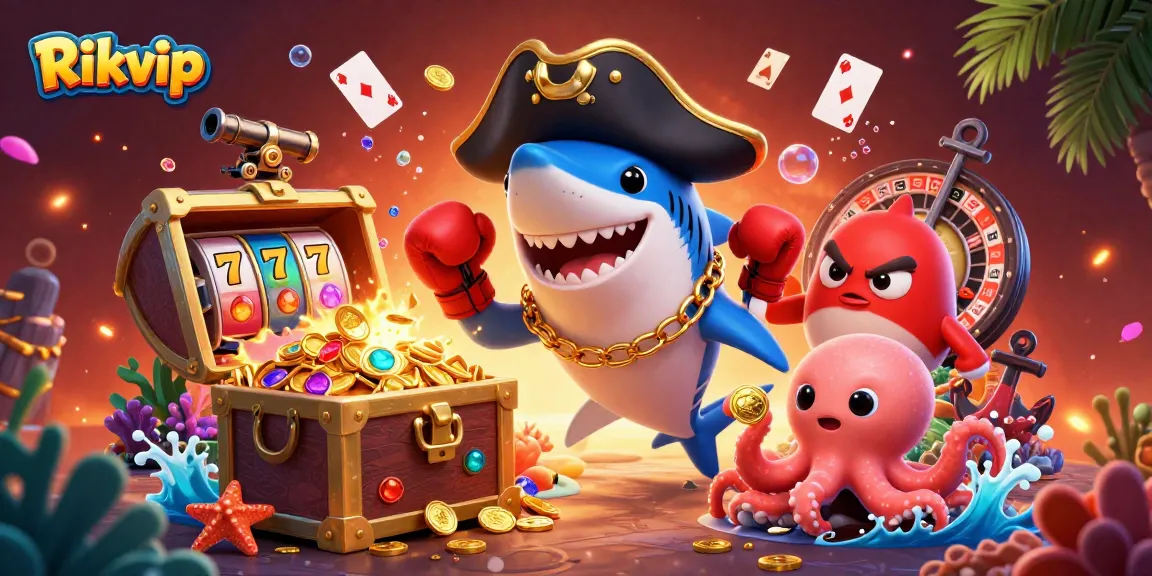 Rikvip showcases a vibrant cartoon scene depicting exciting slot games and treasure amidst whimsical sea creatures.