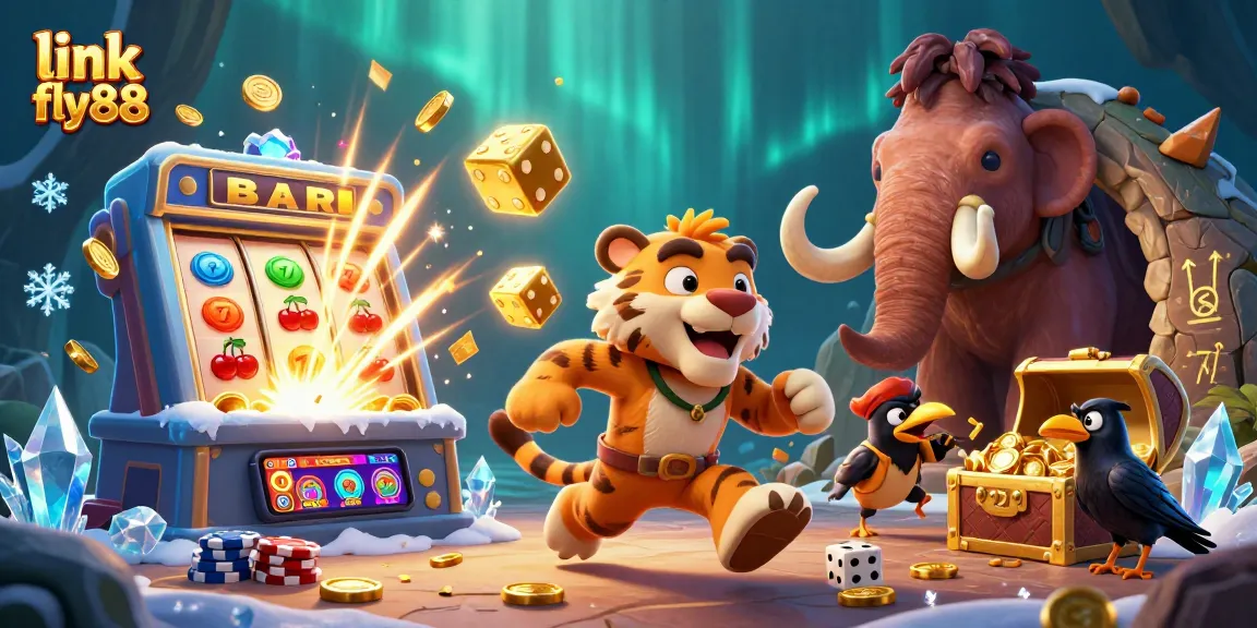 Engage with exciting games at link fly88, featuring a dynamic prehistoric casino scene with vibrant slot machines and characters.