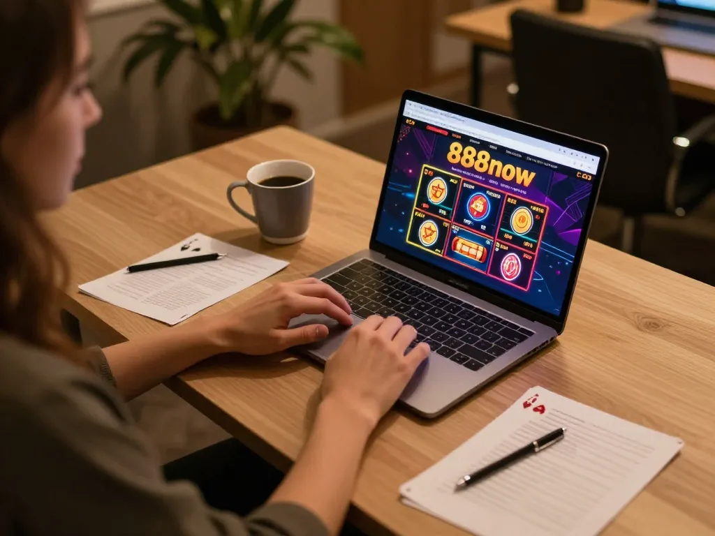 Engaging online gaming experience at 888now with vibrant casino interface and cozy ambiance.