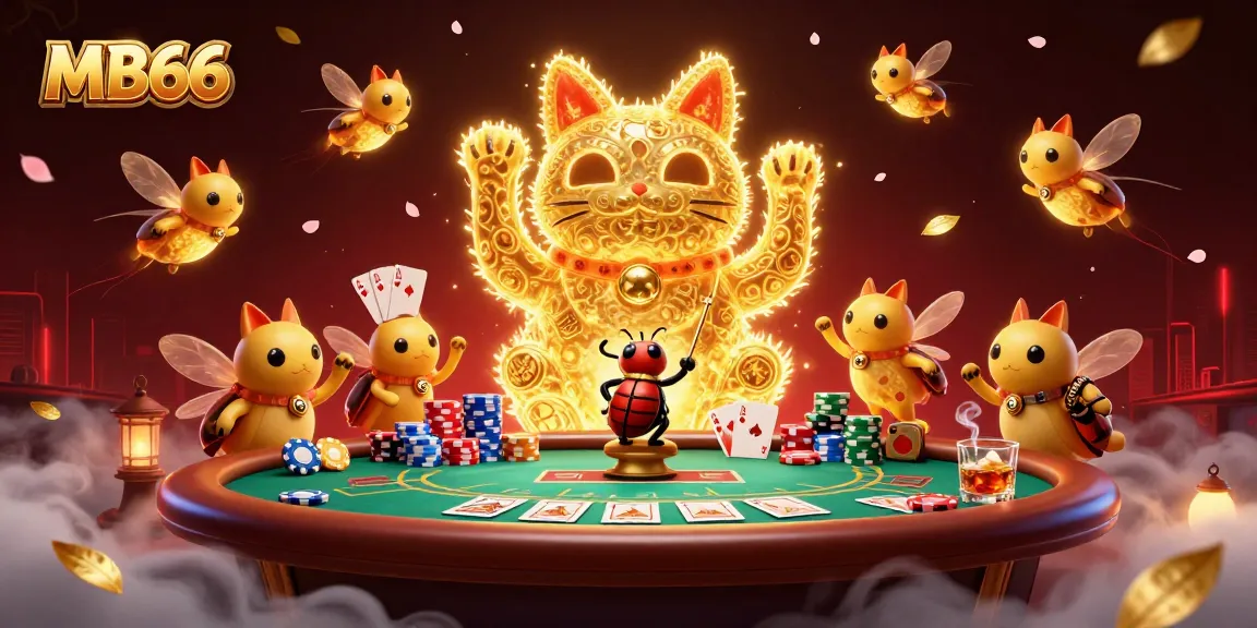 Experience the excitement at MB66 with this vibrant 3D illustration of a lucky cat and engaging poker elements.