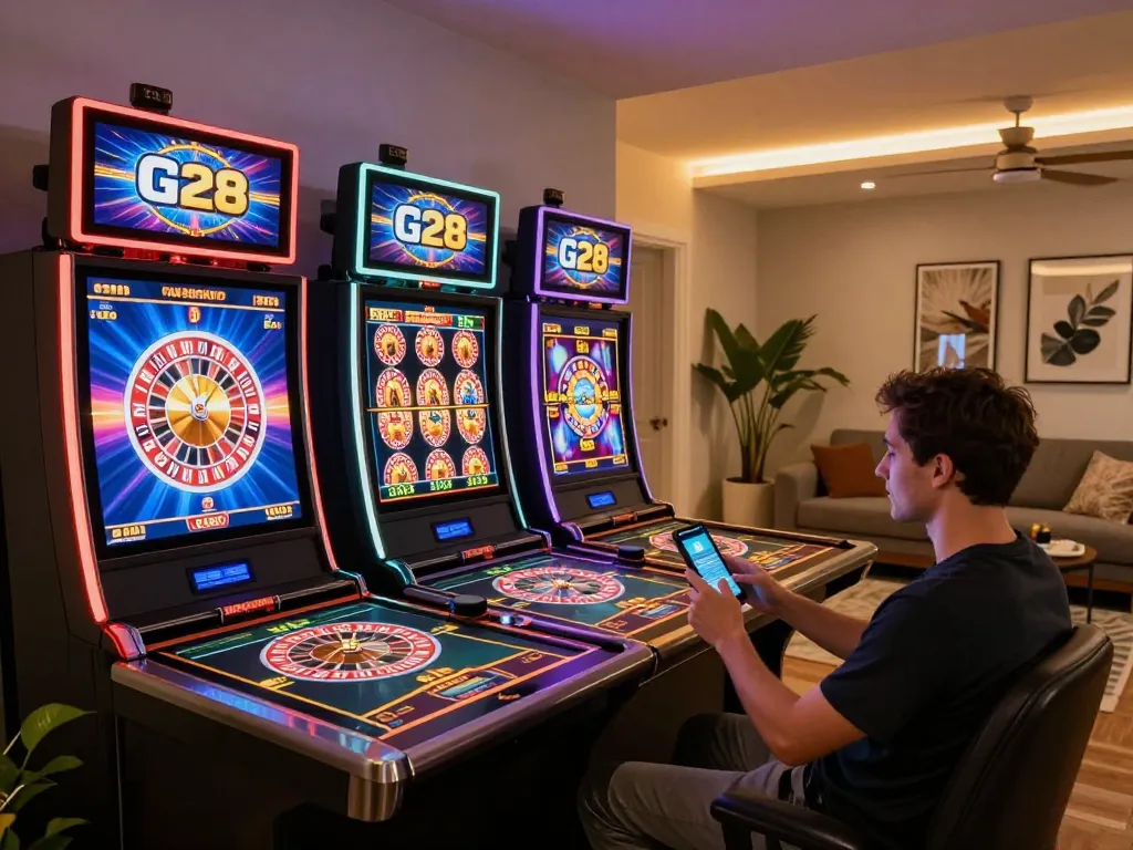 Engaging home gaming scene with G28 online interface, showcasing excitement and strategy in gambling.