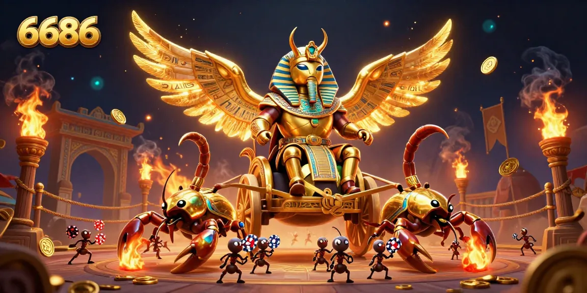 Engage in exotic betting fun at 6686, featuring a golden beetle immersed in lively casino action.