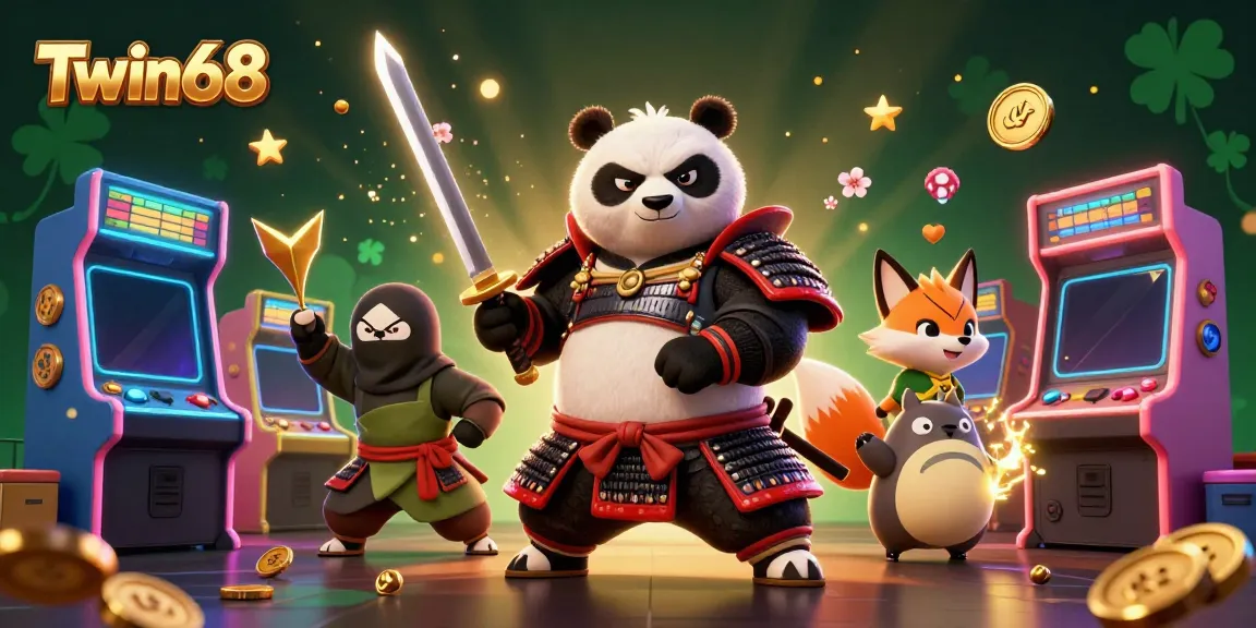 Engage with thrilling gameplay at Twin68, featuring a dynamic illustration of a samurai panda and ninja fox.