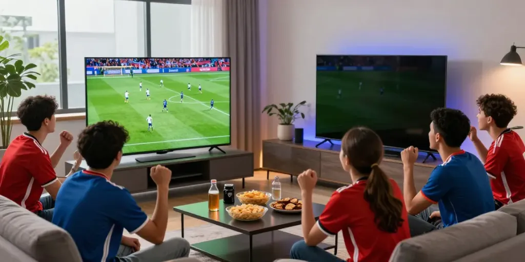 Socolive8.media fans enjoying a live soccer match in a vibrant living room.