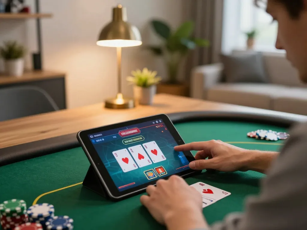 Player using tablet for online poker at home with LC 88 interface, showcasing dynamic gameplay.