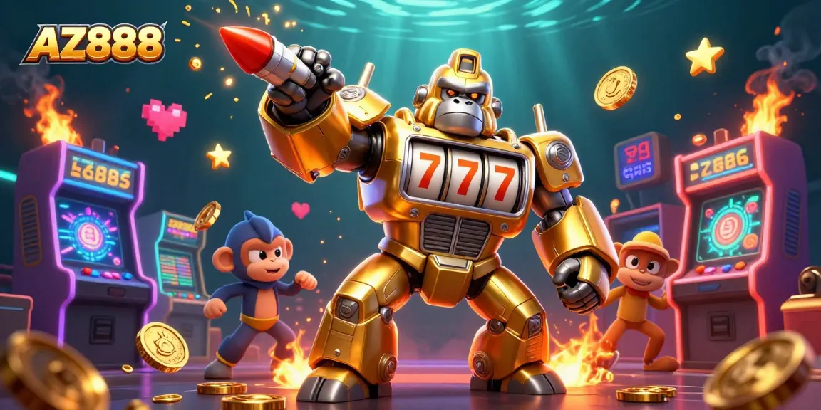 Experience the thrill of winning with AZ888 in this vibrant 3D casino scene featuring a golden gorilla mech.